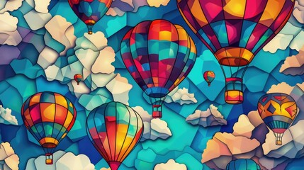 Fantasy Colorful Cubism Hot Air Balloons & Clouds Pattern	
