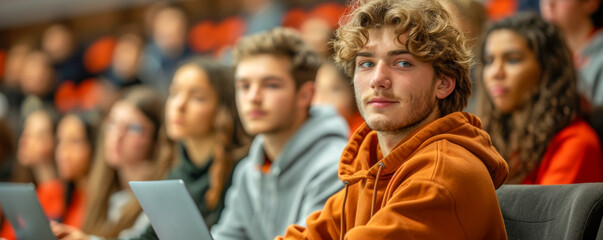 Fototapeta premium Focused Students Listening to Lecture in University Classroom with Laptops