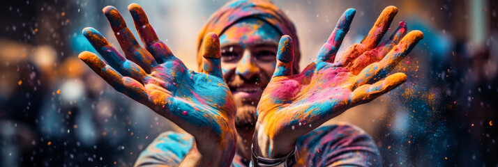 Joyful Celebration of Colors with Happy Person Covered in Vibrant Powder During Festival