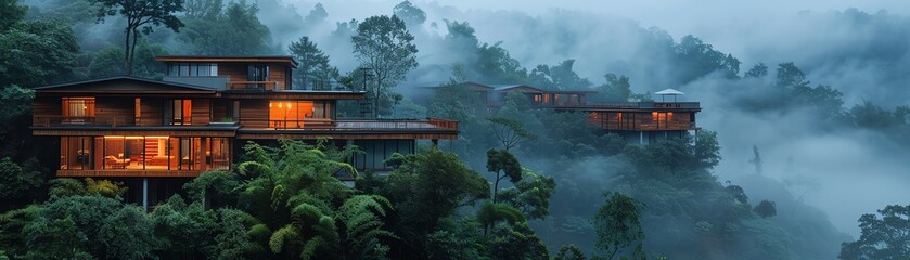 Multitiered wooden houses perched on rugged mountainside, integrating nature with modern living, early morning fog