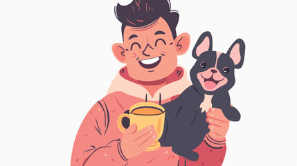 Portrait of happy pet owner holding cute dog and gold