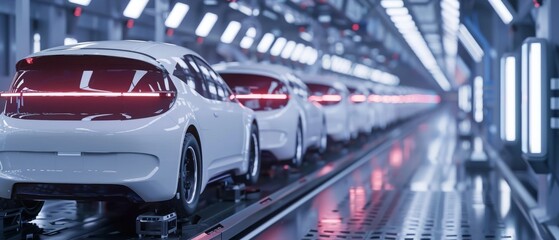 Obraz premium A line of cars are being manufactured in a factory