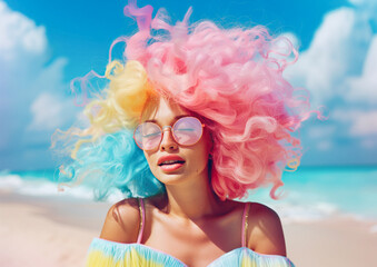Portrait of Happy young girl colorful pastel color hairstyle enjoy in sun rays at summer sea beach.
