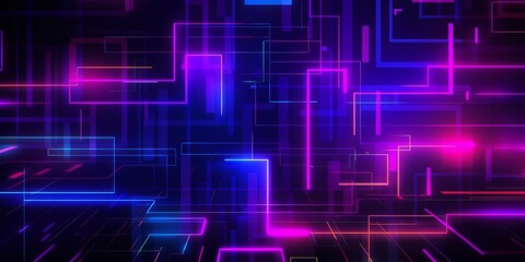 Abstract futuristic background with neon glowing blocks and lines in blue, pink, and purple colors. Digital technology concept. High quality photo