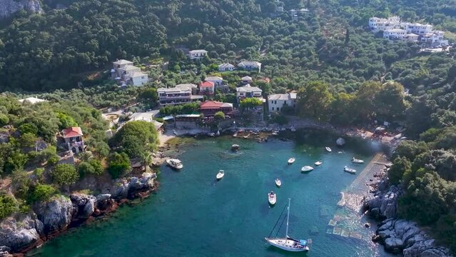 Aerial view of the idyllic fishing village of Damouhari, Mount Pelion, Greece