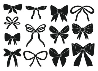 Set of various silhouette bows, gift ribbons. Fashionable accessory for hair braiding. Hand drawn vector illustration.