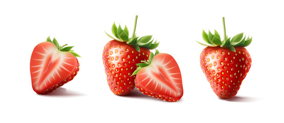 3d realistic vector icon. set of red strawberries, half of strawberry, whole strawberry. Isolated on white background.