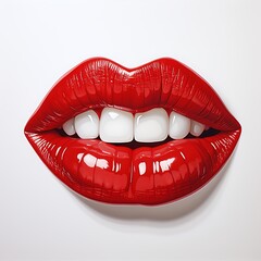 Beautiful red lips with glossy white teeth on white background. Vector illustration.