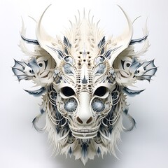3d rendering of a dragon head with a lot of eyes and feathers