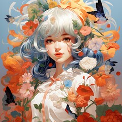 Beautiful girl with butterflies in her hair. 3d illustration.
