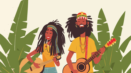 Rastafari couple. Man wearing rastacap and playing guitar