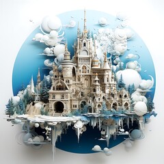 Fairy tale castle in winter. 3D illustration. White background.