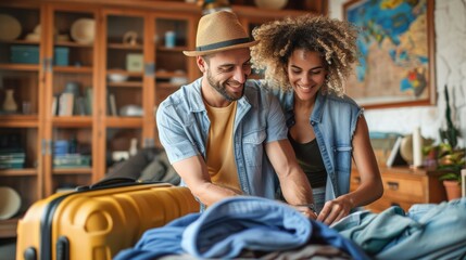 A couple carefully folding clothes into their suitcases in their cozy living room, preparing for their next journey together