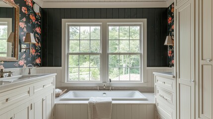 a classic bathroom adorned with black walls, white cabinets, and vintage floral wallpaper above the...