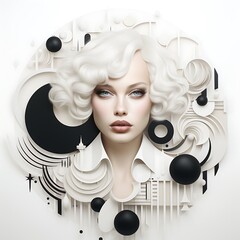 Portrait of a beautiful young woman with white hair and black circles on a white background.