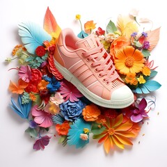 Flowers and sneakers isolated on white background. 3d illustration.