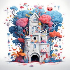Fairy tale castle in winter. 3D illustration. White background.