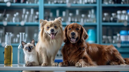 group of dogs and cat in a veterinary clinic. pet care concept