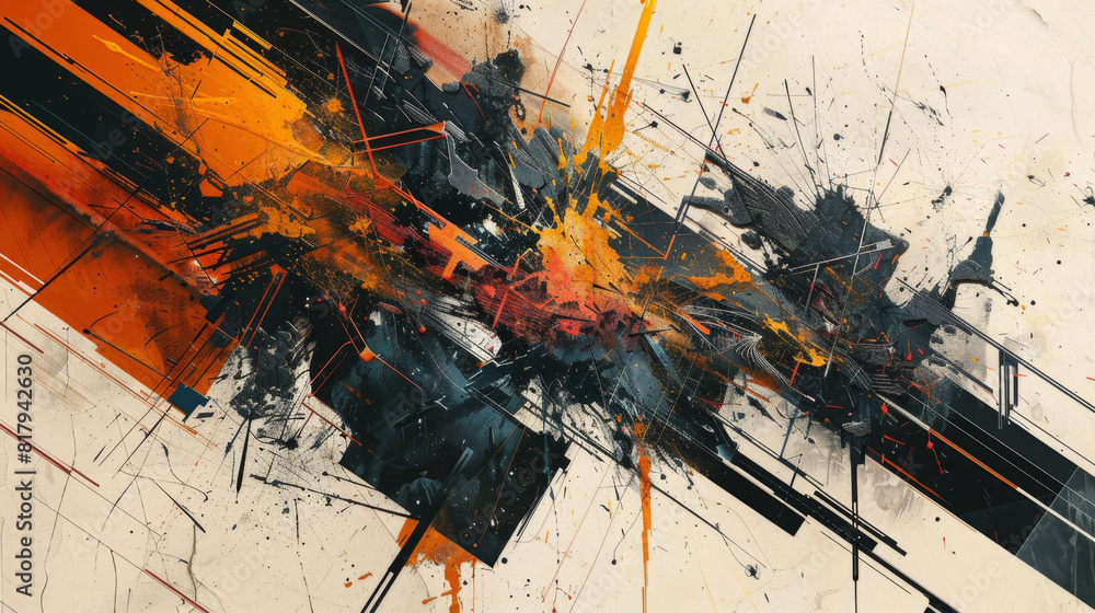 Poster abstract chaos art with overlapping lines and confusing figures.