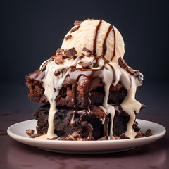 chocolate brownie with vanilla ice cream and chocolate syrup,
