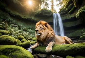 lion sitting by waterfall (521)