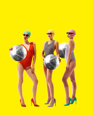 Three women in swimsuits and swim caps holding disco balls against bright yellow background. Contemporary art collage. Concept of summertime, surrealism, abstract creative design, pop art. Beach party