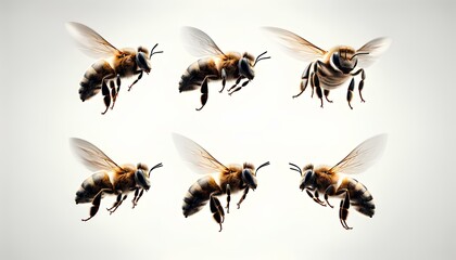 Pictures of bees flying in the air from each angle. bees, inspect, bug, isolated