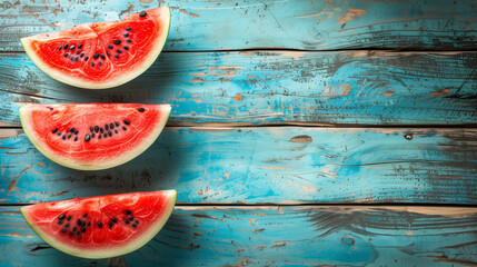 Top down view slices of watermelon on the blue table summer concept