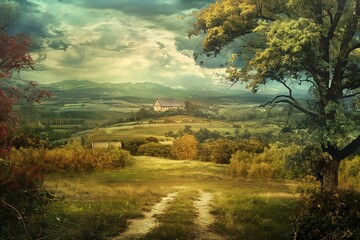 countryside landscape in medieval style illustration by generative ai