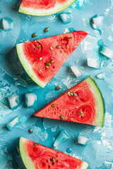 Top down view slices of watermelon on the blue table summer concept