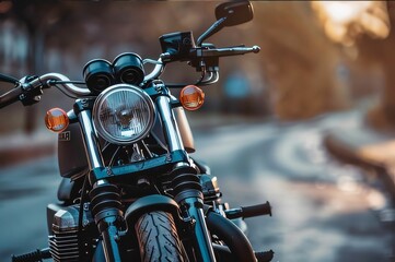 Close up of the headlight of a classic custom motorbike.