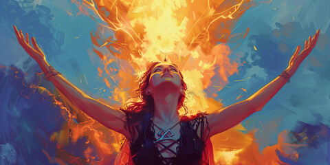 A Wiccan priestess raises her arms to the sky, summoning the elements and harnessing their power.