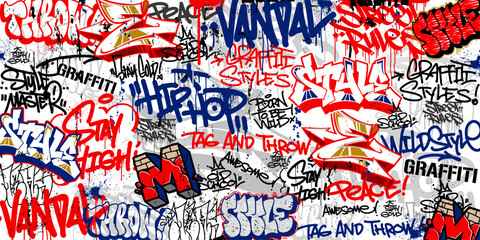 Fototapeta premium Graffiti background with throw-up and tagging hand-drawn style. Street art graffiti urban theme in vector format.