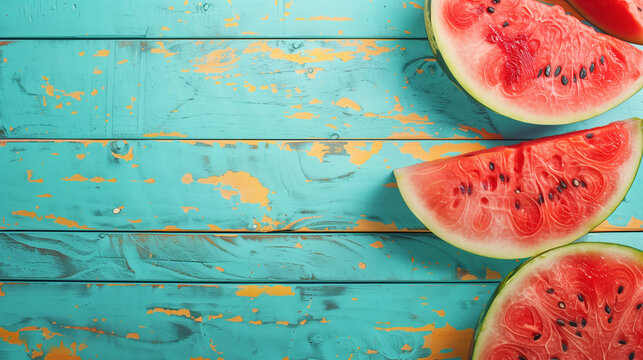 Top down view slices of watermelon on the blue table summer concept