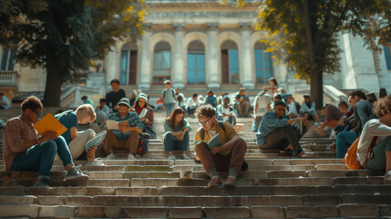 Young students sit on stairs in front university and study together