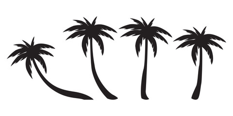 Black palm trees silhouettes set isolated on white background. Tropical palm trees set, Palm silhouettes. Design of palm trees for posters, banners and promotional items. Vector illustration,