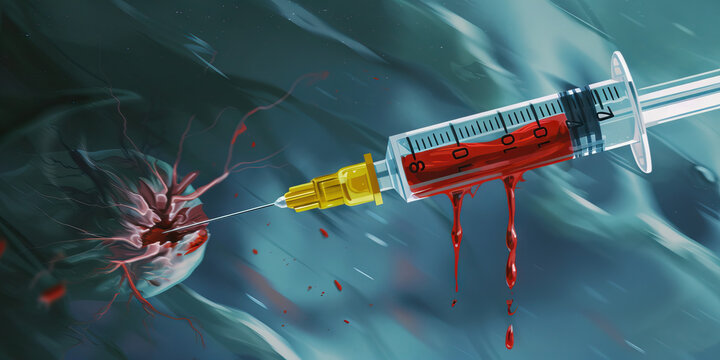 A vicious cycle a syringe dangles from a strangulated. blood and drugs.