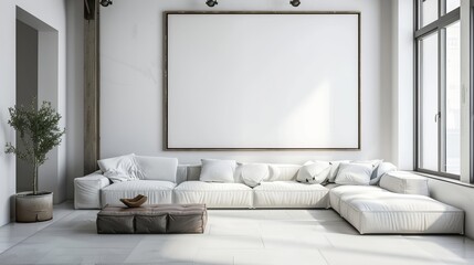 Minimalist couch in a modern living room white board 