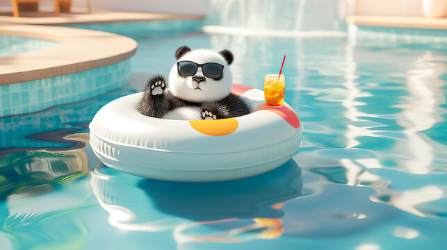 Cute panda floating in a pool on an inflatable ring with a drink. Concept of summer vacations, leisure activities, pool parties, and fun