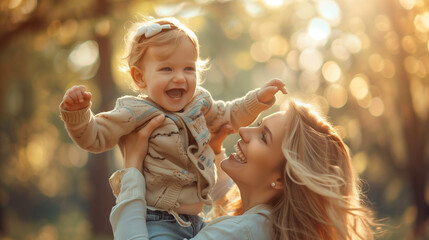 Adult caucasian woman in nature hold up in the air daughter toddler