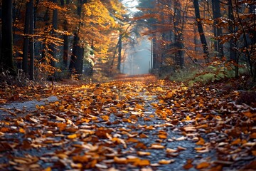 Autumn Tranquility A Serene Forest Path Carpeted with Vibrant Leaves