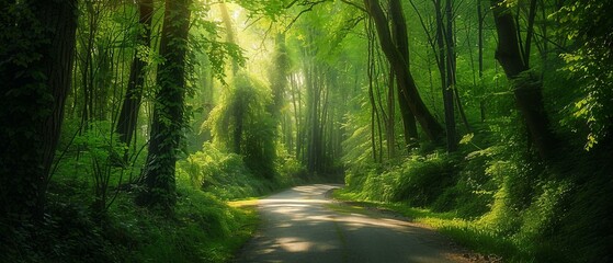 A narrow road winding through a dense forest