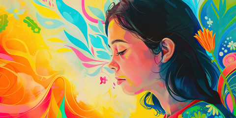 A vibrant painting of a young woman's journey through addiction, with symbols of hope and renewal in the background. 