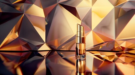 A high-end cosmetic product photograph featuring, placed against an abstract background with geometric patterns.