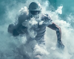 Powerful Football Player Charging Towards the End Zone Amidst Billowing Smoke