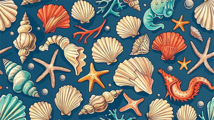 Sea shells corals and conches pattern. Seamless 