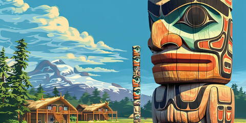 Embracing Ancestral Tales: A Mighty Totem Pole, Eternally Guarding its Tribal Village's Rich Legacy and Ecological Bond