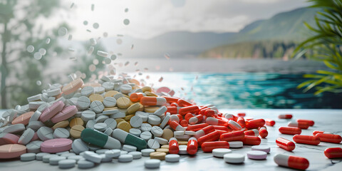 Obraz premium pile of prescription drugs spilling out onto the floor, contrasted with images of nature or recovery, highlighting the destructive effects of addiction on individuals and society
