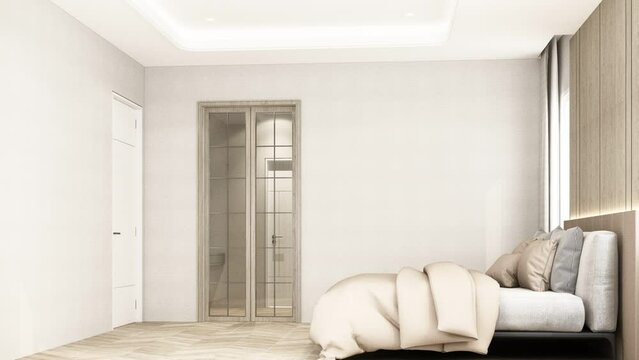 build up creation interior design modern style of bedroom with wood material and white fabric texture and gray furniture bed set with windows and sheer curtain on wooden floor. 3d render stop motion