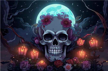 A gloomy night with a big moon, a skull and flowers.